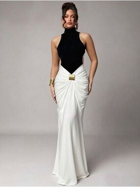 Elegant Black & White Halter Evening Gown with Gold Accent